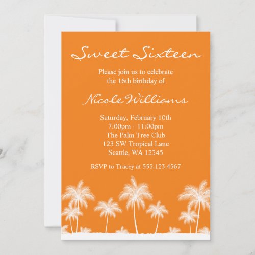 Tropical Palm Trees Orange Sweet 16 Invitation