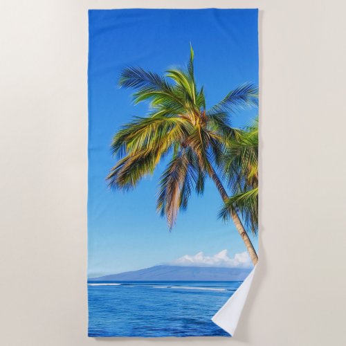 Tropical Palm Trees over Molokini Hawaii Beach Beach Towel