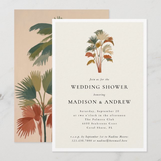 Tropical Palm Trees Pastel Boho Wedding Shower Invitation (Front/Back)