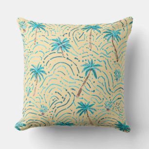 Tropical Palm Trees Pattern, Soft Yellow,Turquoise Outdoor Pillow