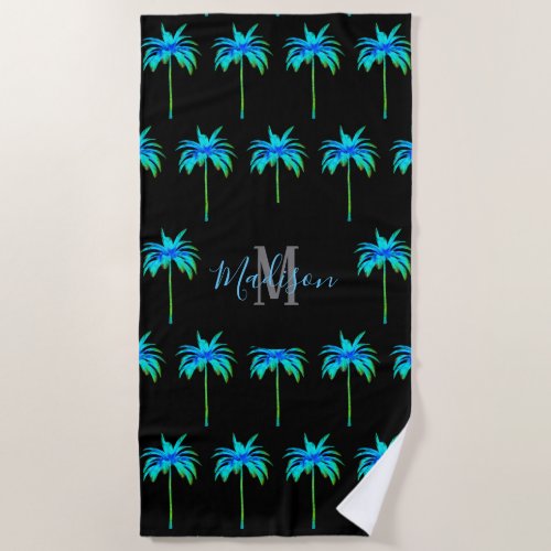 Tropical Palm Trees Pattern Turquoise Aqua Name Beach Towel