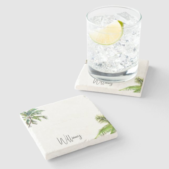 Tropical Palm Trees Personalized Name Stone Coaster (Side)