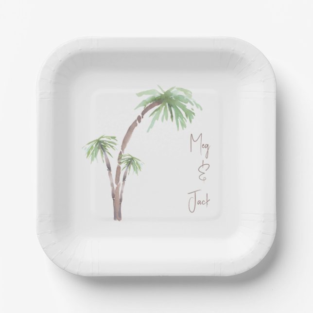 Tropical Palm Trees Personalized Script Names Paper Plates (Front)