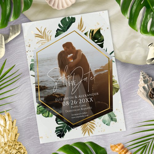 Tropical Palm Trees Photo Gilded Save The Date Invitation