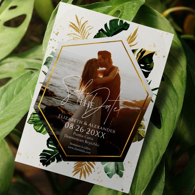 Tropical Palm Trees Photo Gilded Save The Date Invitation (Creator Uploaded)