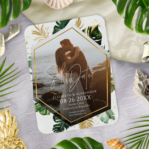 Tropical Palm Trees Photo Gilded Save The Date Magnet