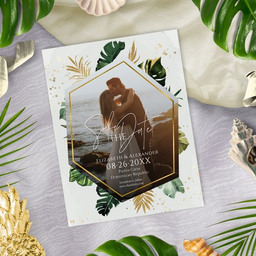 Tropical Palm Trees Photo Gilded Save The Date Postcard