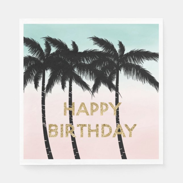 Tropical Palm Trees Pink Mint Birthday Napkins (Front)