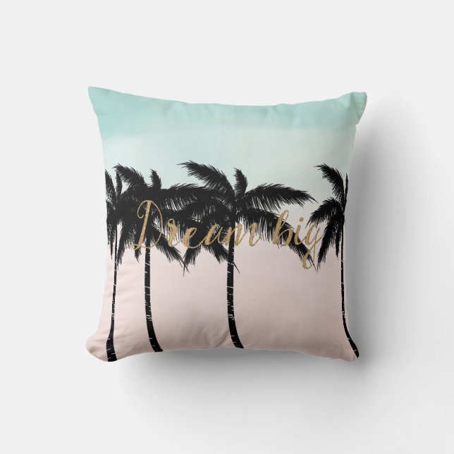 Tropical Palm Trees Pink Mint Ombre gold dream big Throw Pillow (Front)
