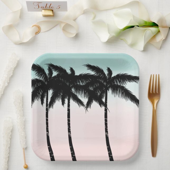 Tropical Palm Trees Pink Mint  Paper Plates (Wedding)