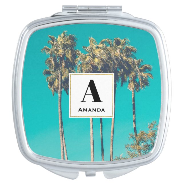 Tropical Palm Trees Retro Vibe Monogram Compact Mirror (Front)