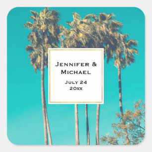 Tropical Palm Trees Retro Wedding Date Square Sticker