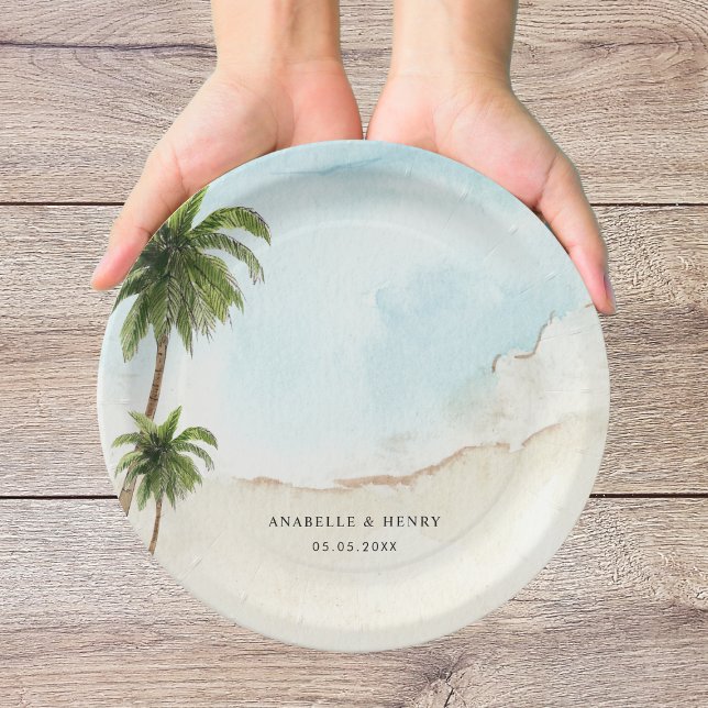 Tropical Palm Trees Sand Beach Destination Wedding Paper Plates (Creator Uploaded)