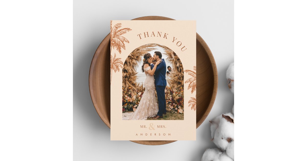 Tropical Palm Trees Sand Beach Destination Wedding Thank You Card | Zazzle