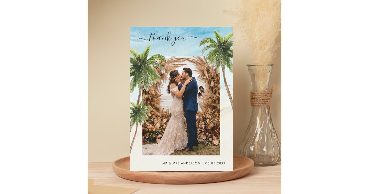 Tropical Palm Trees Sand Beach Destination Wedding Thank You Card | Zazzle