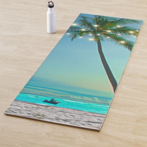 Tropical Palm Trees String Lights Beach Yoga Mat