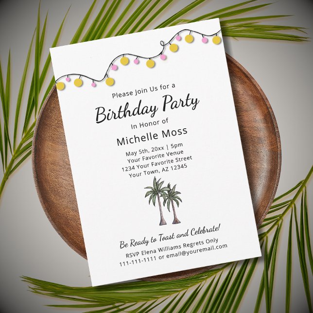 Tropical Palm Trees String Lights Birthday Party  Invitation (Creator Uploaded)