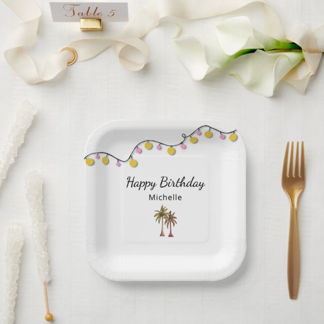 Tropical Palm Trees String Lights Birthday Party Paper Plates (Wedding)