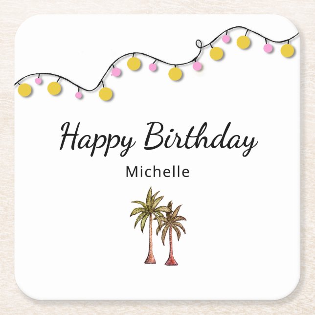 Tropical Palm Trees String Lights Birthday Party Square Paper Coaster (Front)