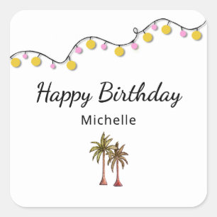 Tropical Palm Trees String Lights Birthday Party Square Sticker
