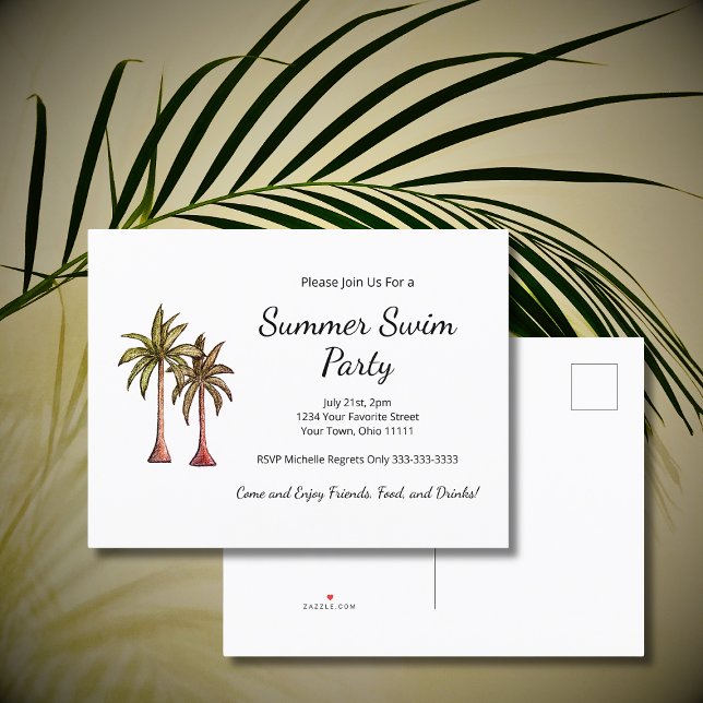 Tropical Palm Trees Summer Pool Party  Invitation Postcard (Creator Uploaded)