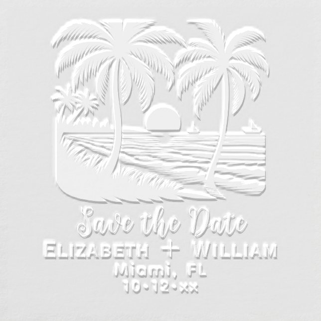 Tropical Palm Trees Sunset Wedding Save the Date Embosser (Design)