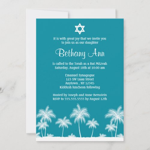 Tropical Palm Trees Teal Bat Mitzvah Invitations