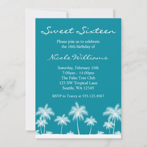 Tropical Palm Trees Teal Blue Sweet 16 Invitation