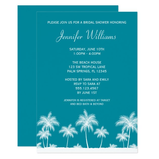Tropical Palm Trees Teal Bridal Shower Invitation