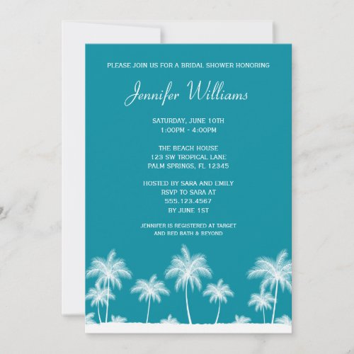 Tropical Palm Trees Teal Bridal Shower Invitation