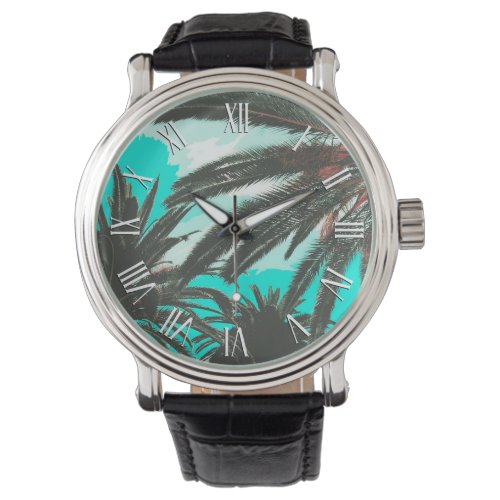 Tropical Palm Trees Teal Sky  Mens Watch