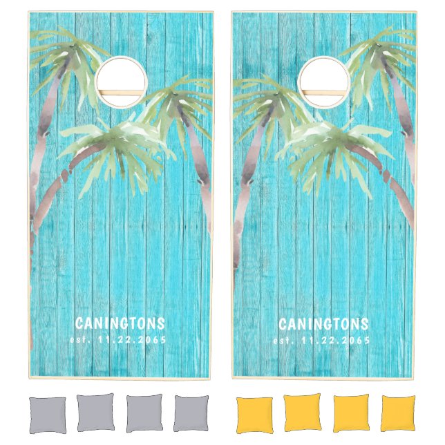 Tropical Palm Trees Turquoise Wood Image Cornhole Set (Set)