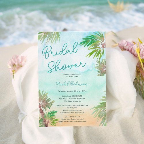 Tropical palm trees watercolor beach bridal shower invitation