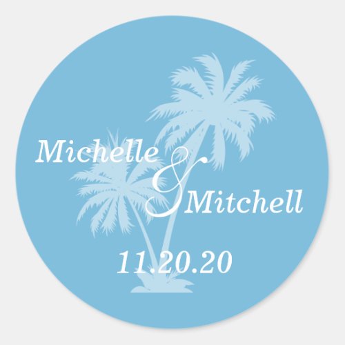 Tropical Palm Trees Wedding Labels Sky Blue