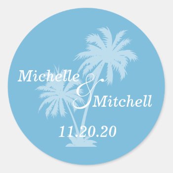 Tropical Palm Trees Wedding Labels (sky Blue) by WindyCityStationery at Zazzle