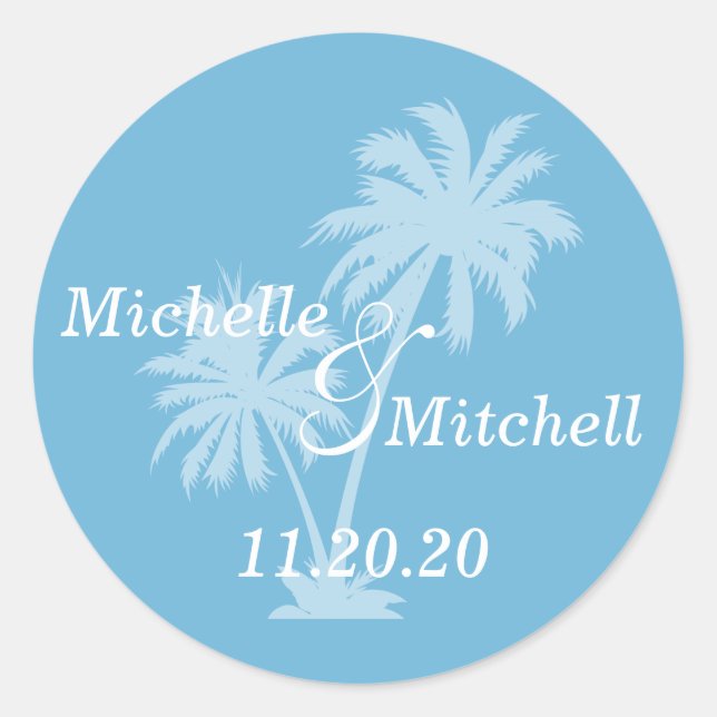 Tropical Palm Trees Wedding Labels (Sky Blue) (Front)
