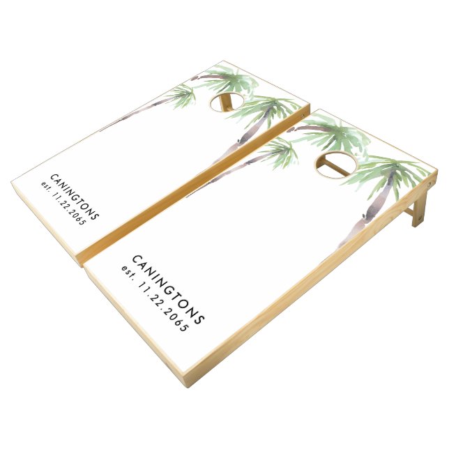 Tropical Palm Trees White Beachy Cornhole Set (Angled)