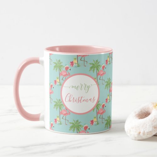 Tropical Palm Trees Xmas Flamingo Blue Santa Hat Mug