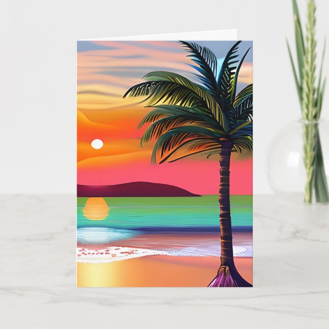 Tropical Palm Tres and Sunset Themed Birthday  Card (Front)
