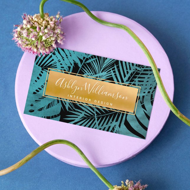 Tropical palm turquoise blue gold script modern business card (Creator Uploaded)