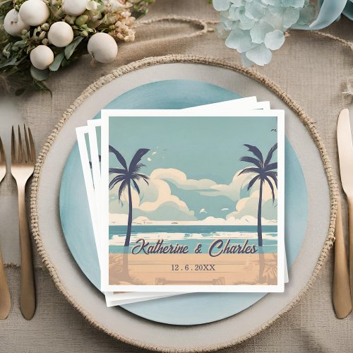 Tropical Palm Vintage Beach Wedding Napkin