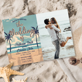 Tropical Palm Vintage Beach Wedding Photo Invitation