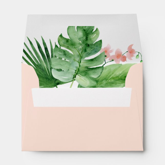Tropical Palm Watercolor Blush Pink Wedding Luau Envelope (Back (Bottom))