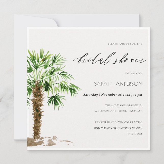Tropical Palm Watercolor Bridal Shower Invite (Front)