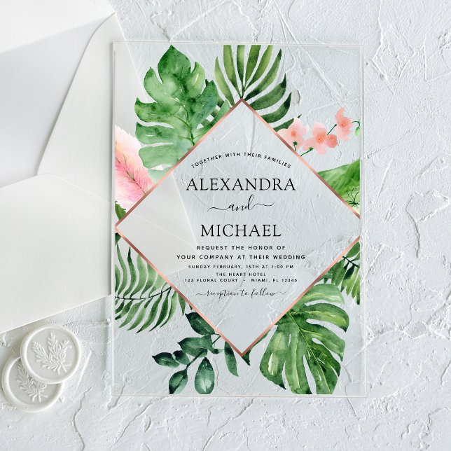 Tropical Palm Watercolor Geometric Wedding Acrylic Invitations (Creator Uploaded)