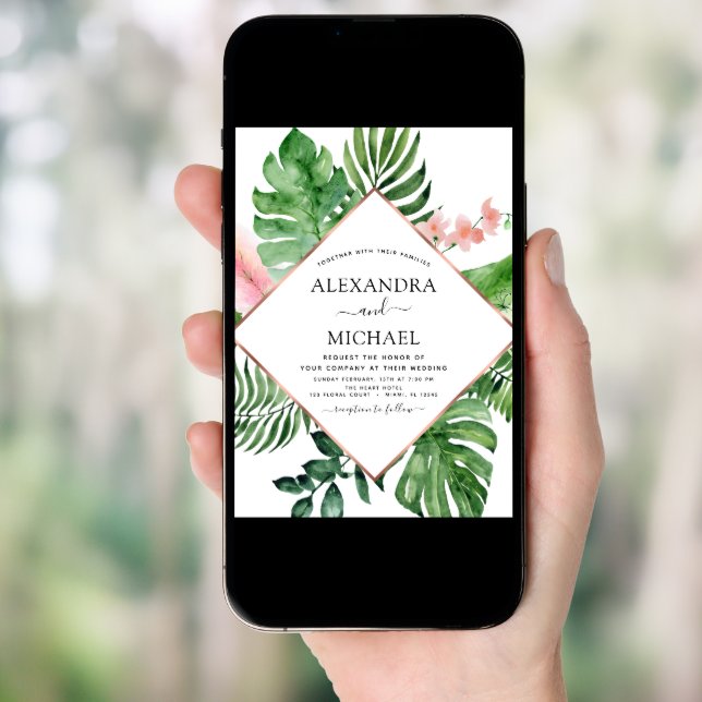 Tropical Palm Watercolor Geometric Wedding Invitation (Front Digital)
