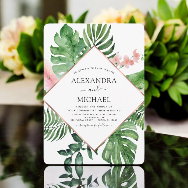 Tropical Palm Watercolor Geometric Wedding Invitation (Creator Uploaded)