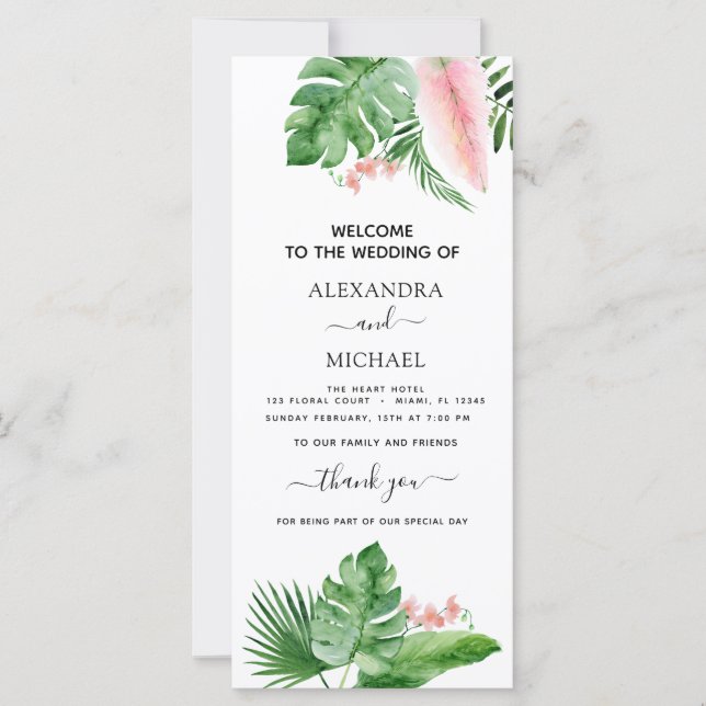 Tropical Palm Watercolor Geometric Wedding Program (Front)