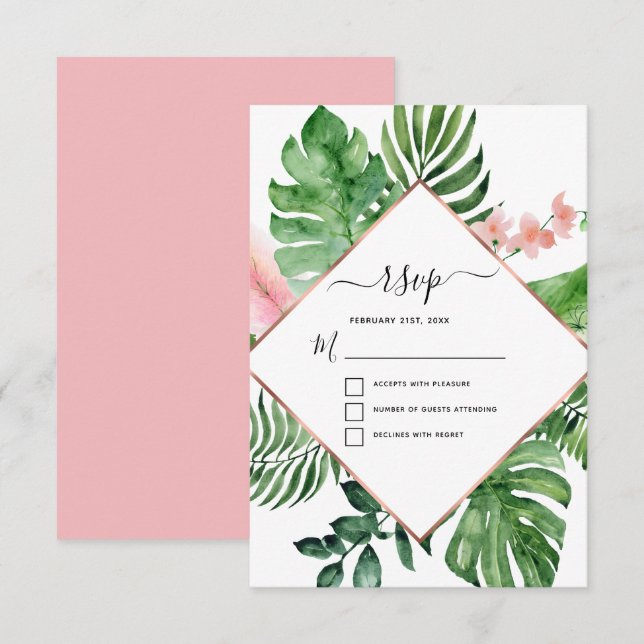 Tropical Palm Watercolor Geometric Wedding RSVP Invitation (Front/Back)
