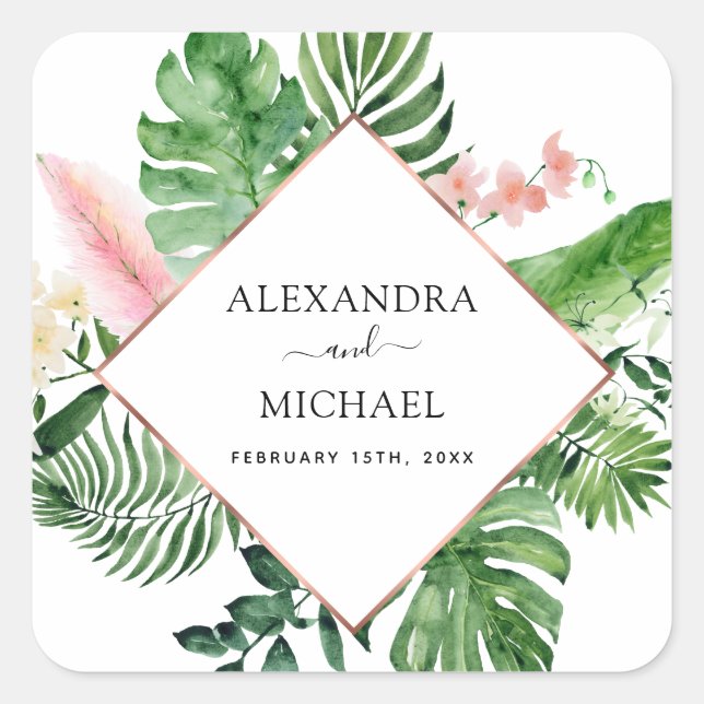 Tropical Palm Watercolor Geometric Wedding Seal (Front)
